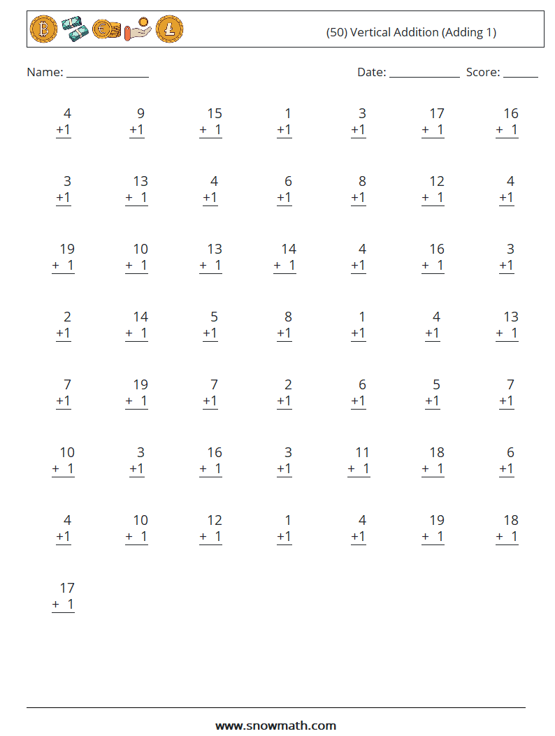 (50) Vertical  Addition (Adding 1) Math Worksheets 2