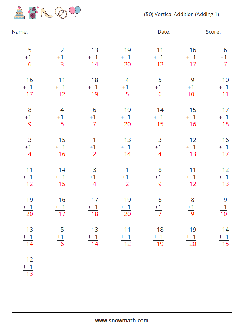 (50) Vertical  Addition (Adding 1) Math Worksheets 3 Question, Answer