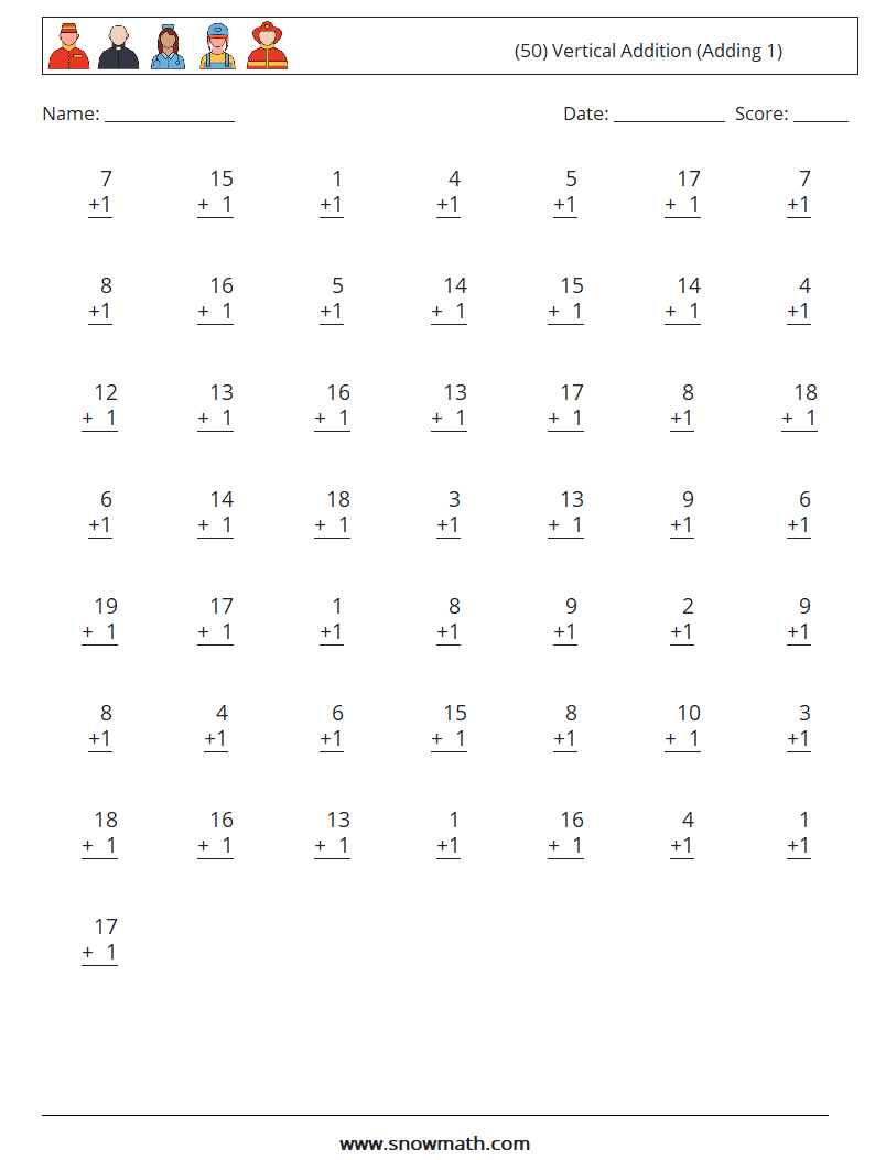 (50) Vertical  Addition (Adding 1) Math Worksheets 4