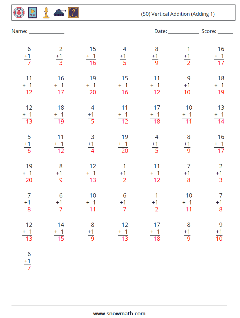 (50) Vertical  Addition (Adding 1) Math Worksheets 5 Question, Answer