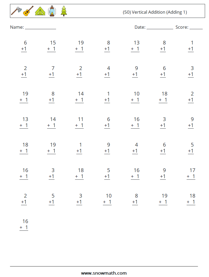 (50) Vertical  Addition (Adding 1) Math Worksheets 6