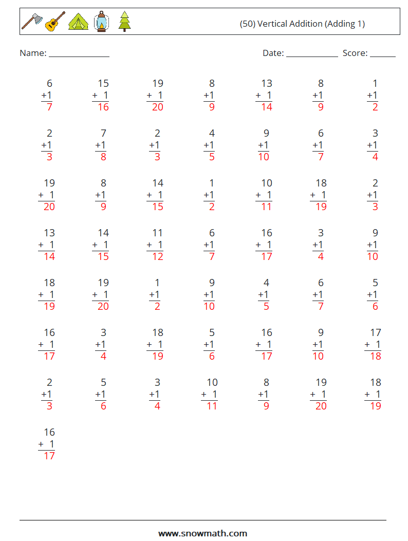 (50) Vertical  Addition (Adding 1) Math Worksheets 6 Question, Answer