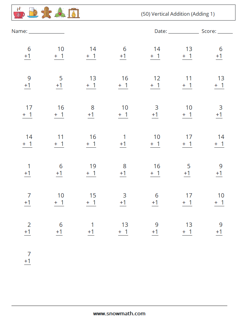 (50) Vertical  Addition (Adding 1) Math Worksheets 7