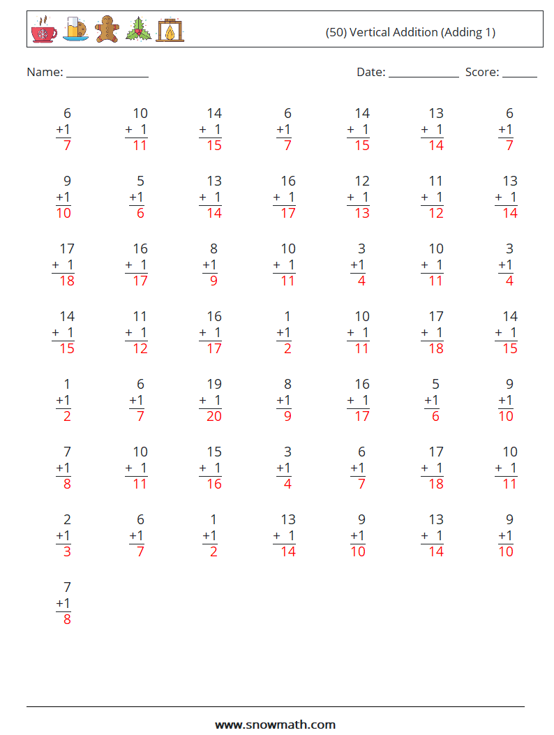 (50) Vertical  Addition (Adding 1) Math Worksheets 7 Question, Answer