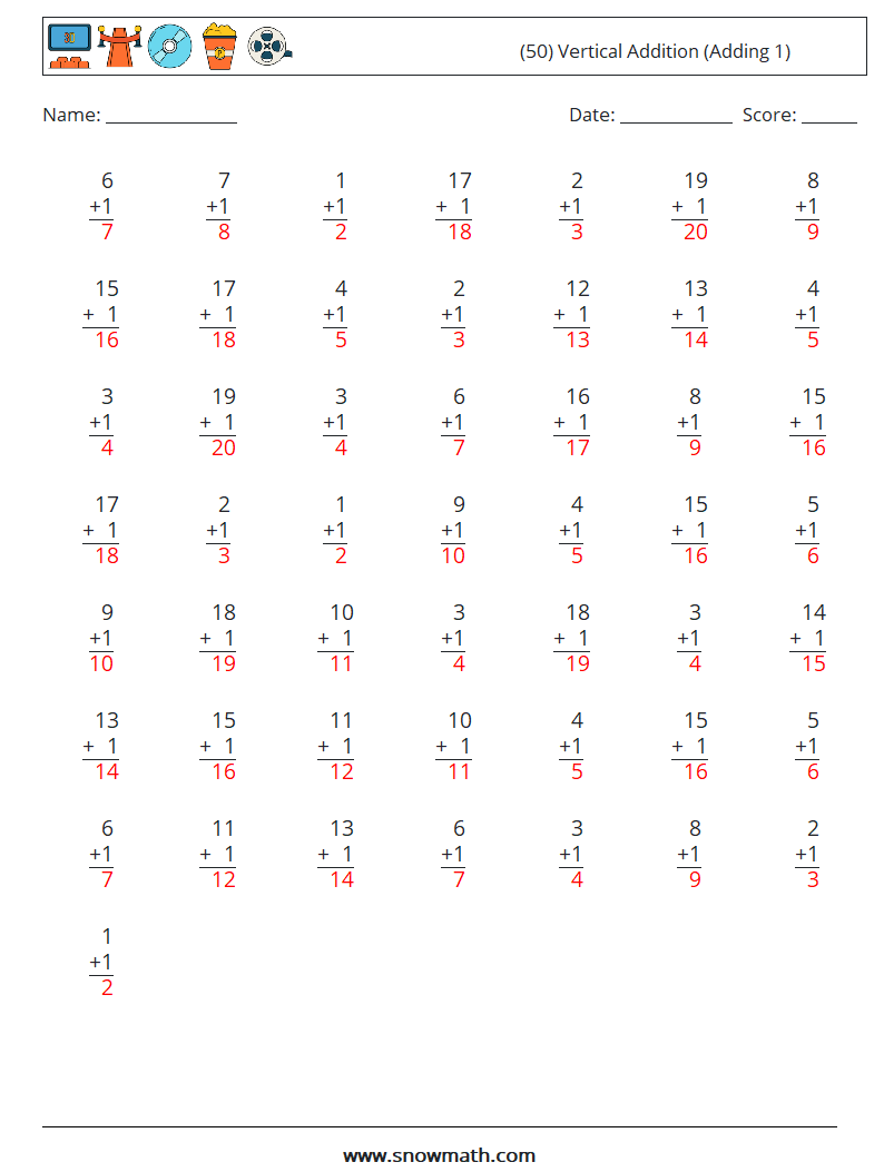 (50) Vertical  Addition (Adding 1) Math Worksheets 8 Question, Answer