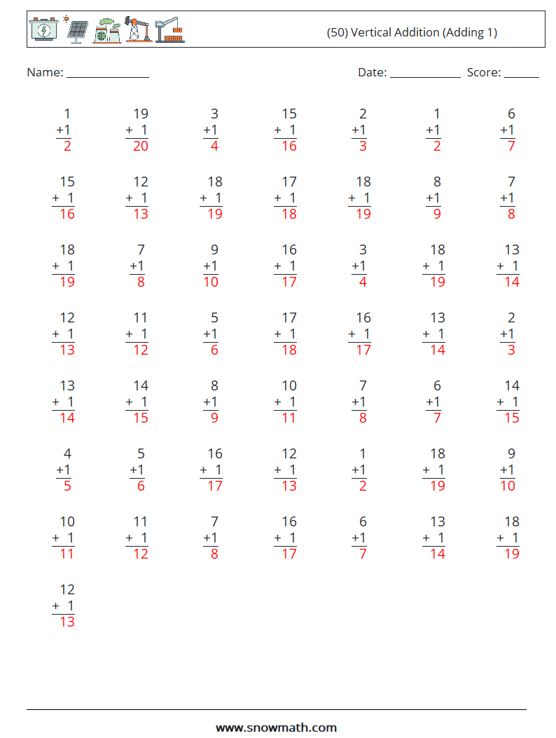 (50) Vertical  Addition (Adding 1) Math Worksheets 9 Question, Answer