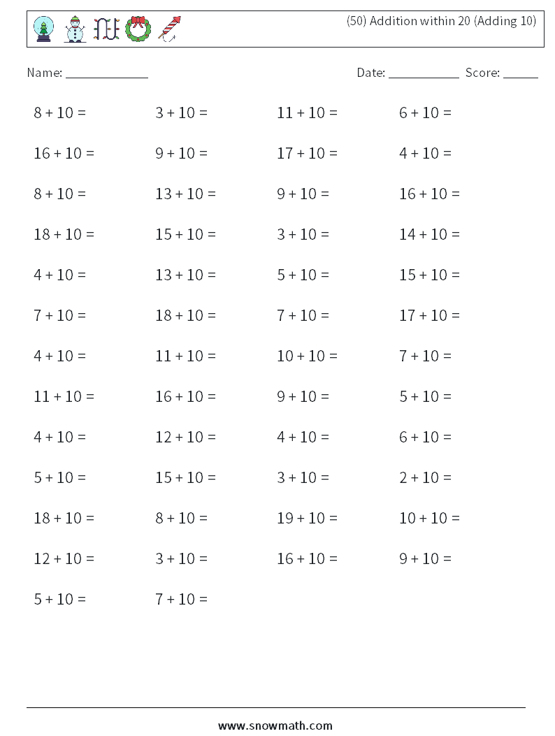 (50) Addition within 20 (Adding 10) Math Worksheets 1
