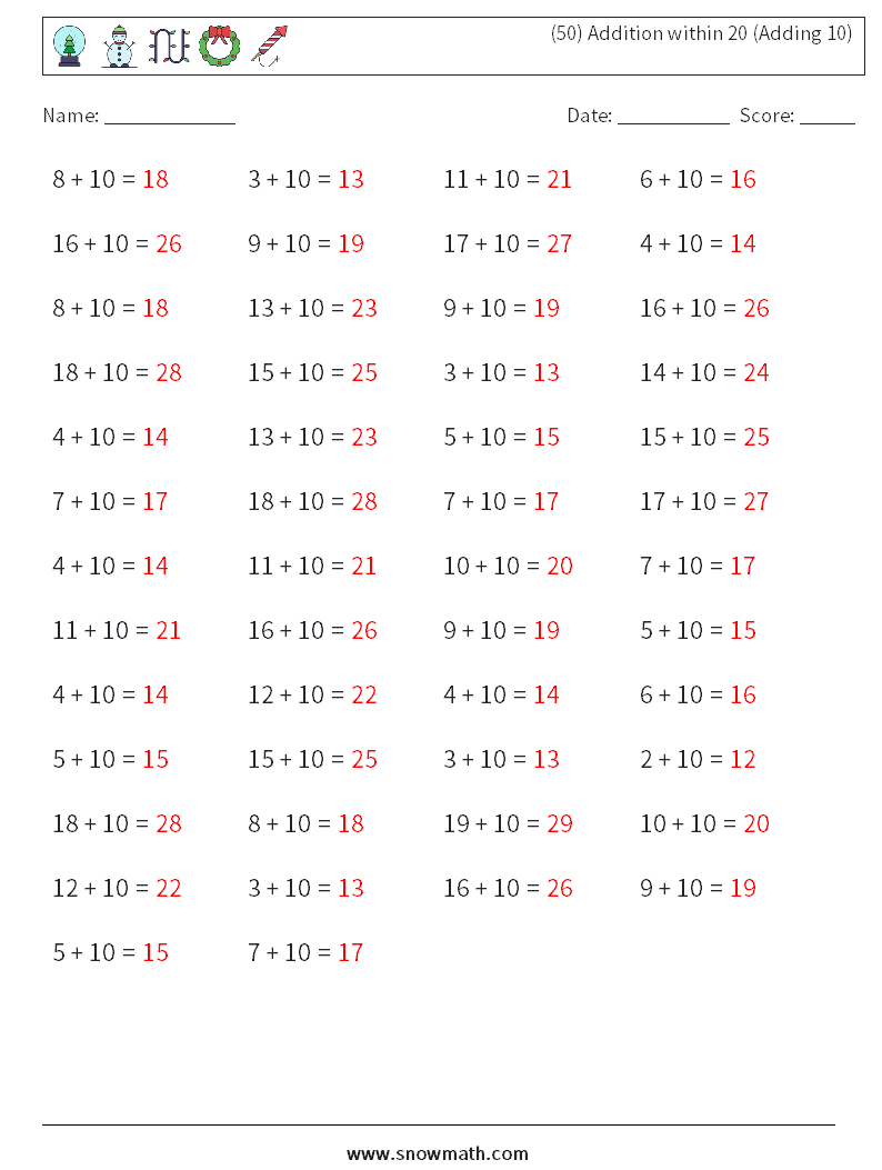 (50) Addition within 20 (Adding 10) Math Worksheets 1 Question, Answer