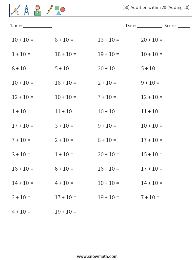 (50) Addition within 20 (Adding 10) Math Worksheets 2