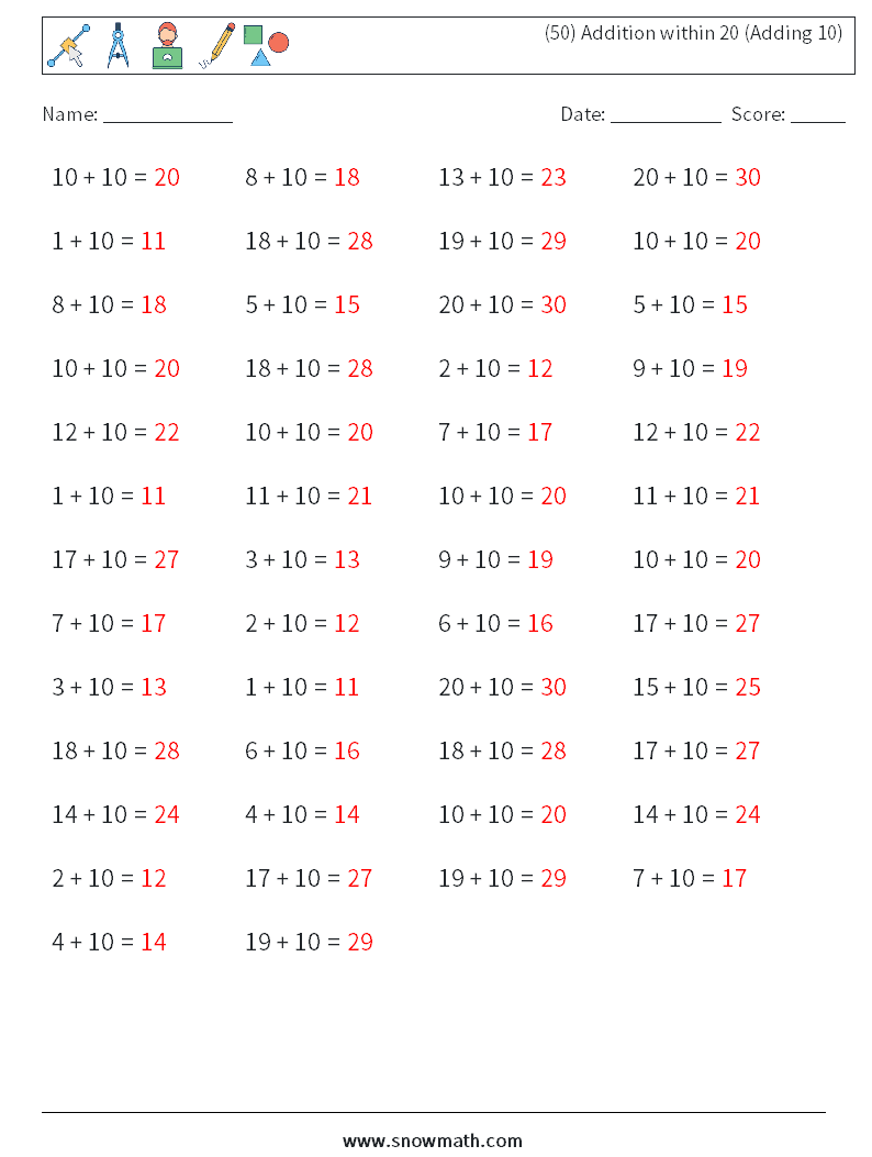 (50) Addition within 20 (Adding 10) Math Worksheets 2 Question, Answer