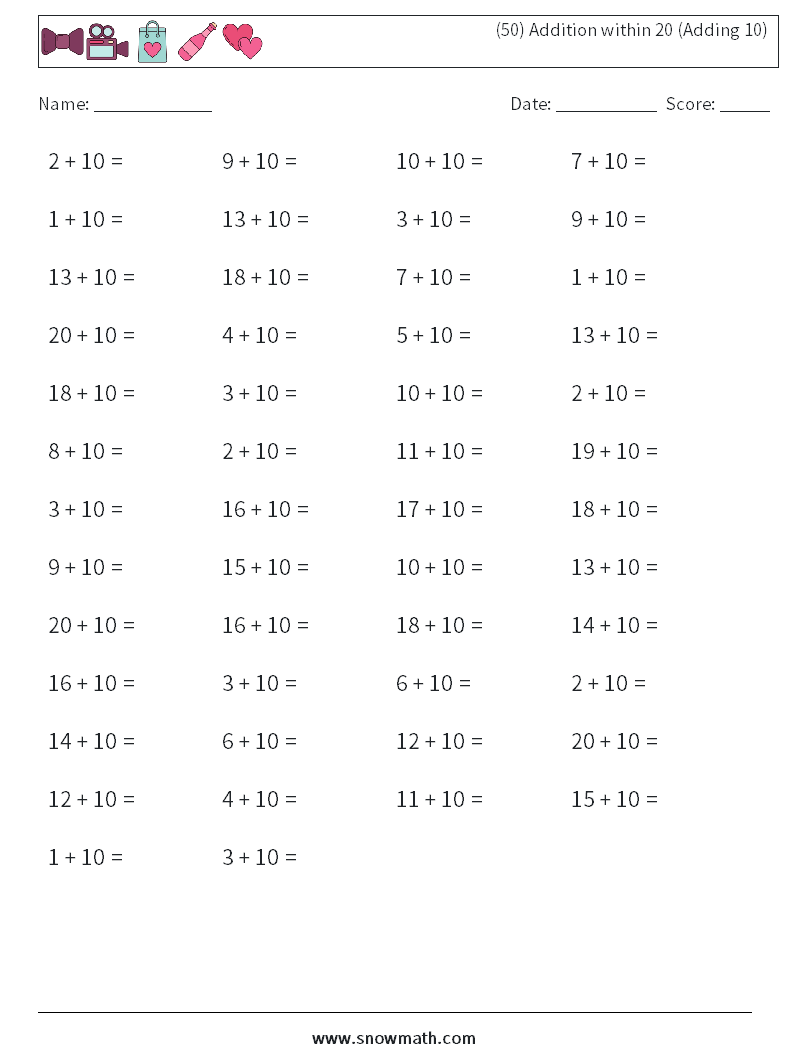 (50) Addition within 20 (Adding 10) Math Worksheets 4