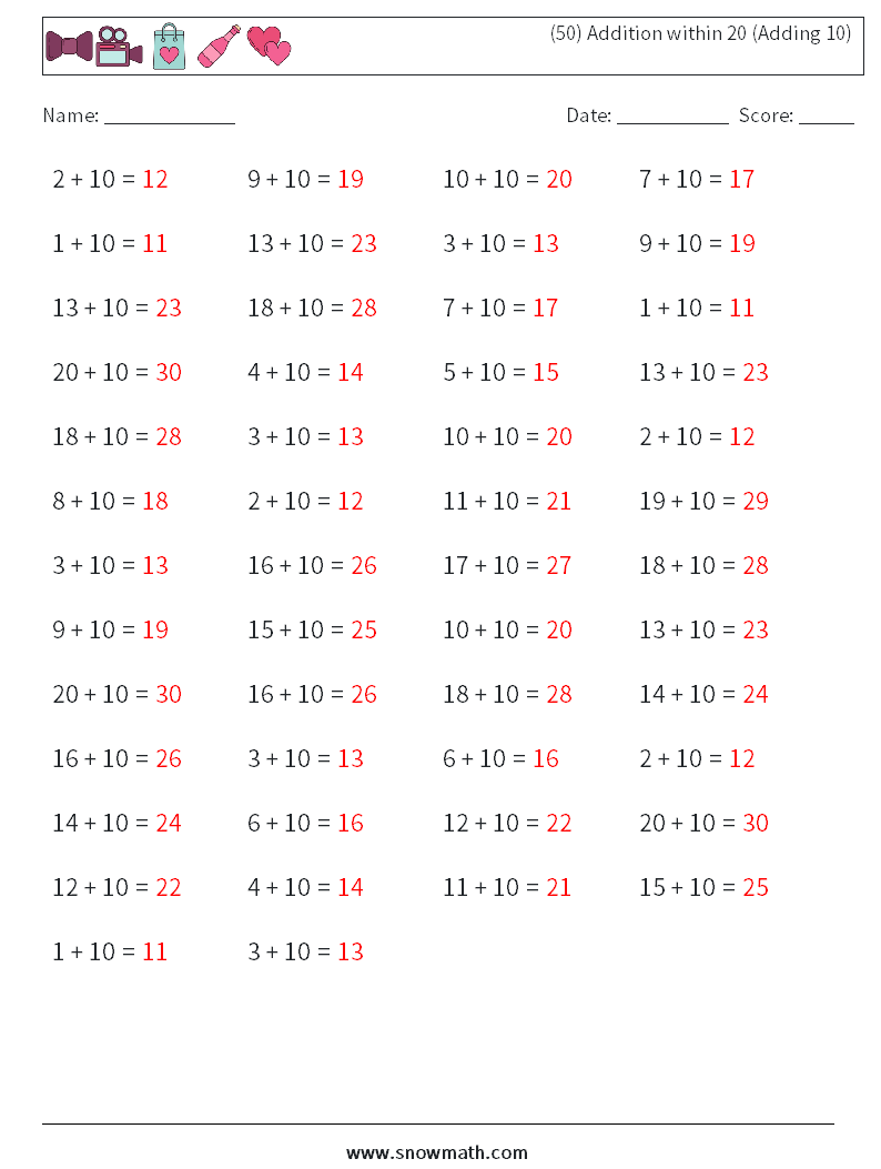 (50) Addition within 20 (Adding 10) Math Worksheets 4 Question, Answer