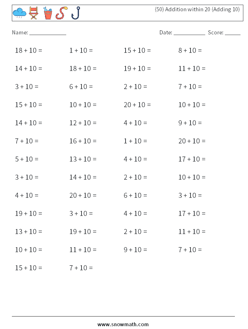 (50) Addition within 20 (Adding 10) Math Worksheets 5