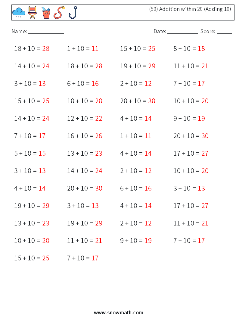 (50) Addition within 20 (Adding 10) Math Worksheets 5 Question, Answer