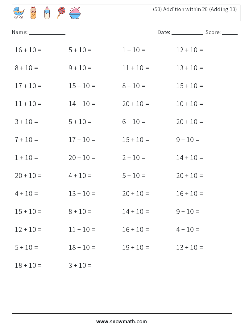 (50) Addition within 20 (Adding 10) Math Worksheets 6