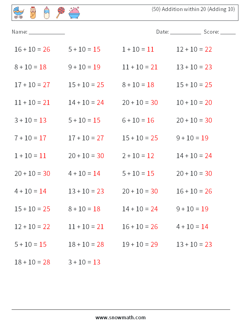 (50) Addition within 20 (Adding 10) Math Worksheets 6 Question, Answer