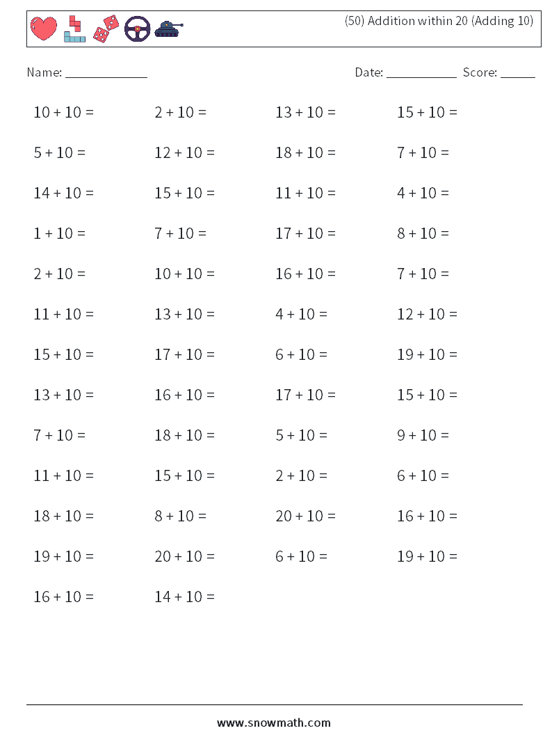 (50) Addition within 20 (Adding 10) Math Worksheets 7