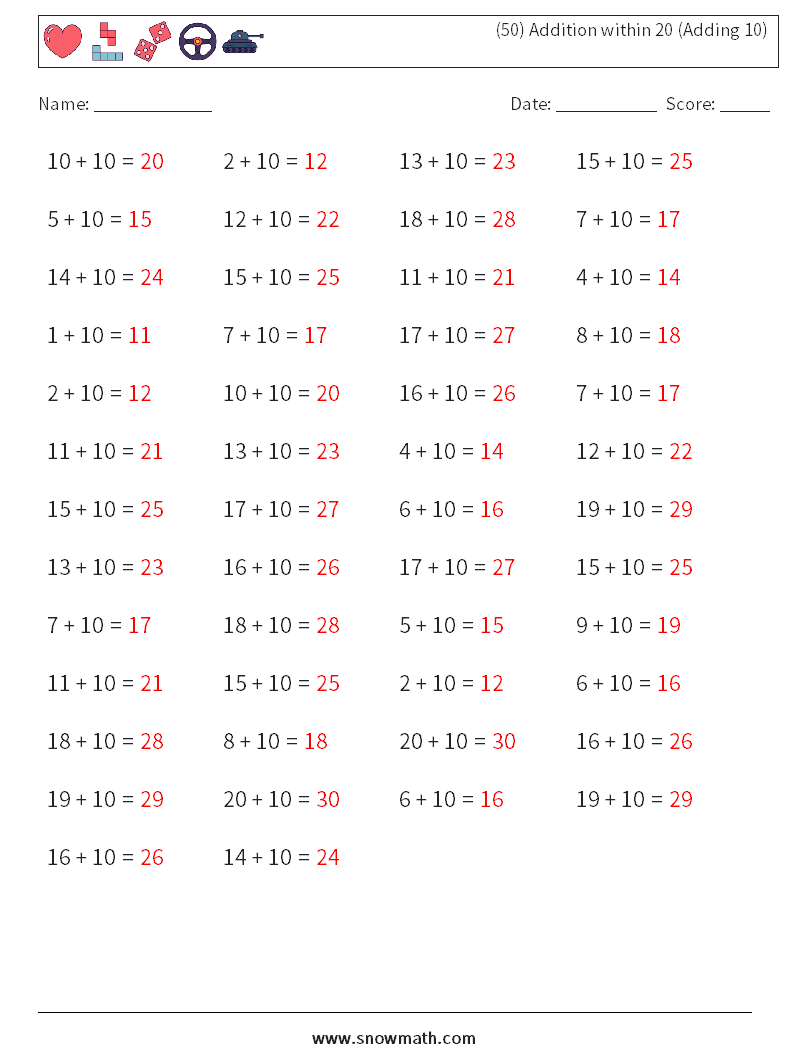 (50) Addition within 20 (Adding 10) Math Worksheets 7 Question, Answer