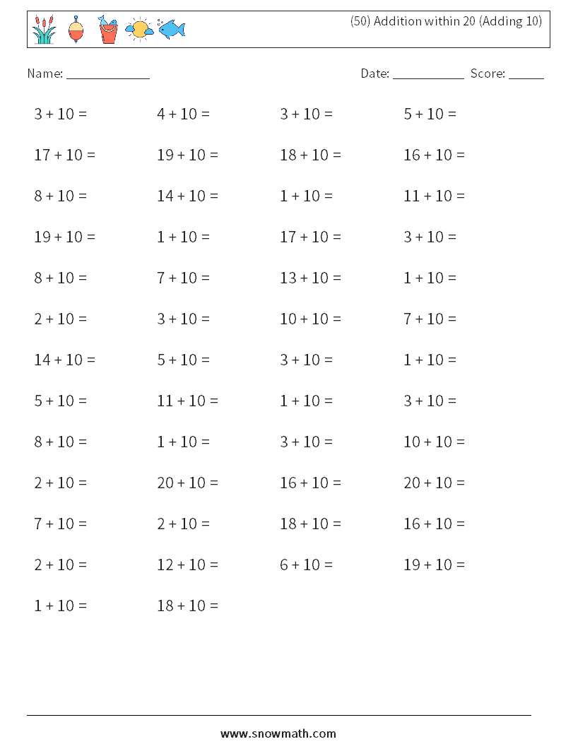 (50) Addition within 20 (Adding 10) Math Worksheets 8