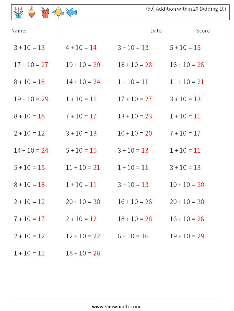 (50) Addition within 20 (Adding 10) Math Worksheets 8 Question, Answer