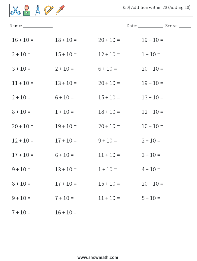 (50) Addition within 20 (Adding 10) Math Worksheets 9