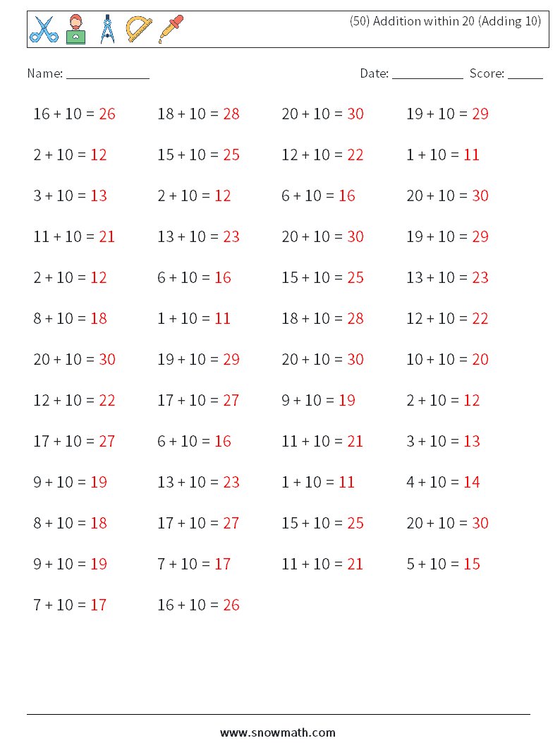 (50) Addition within 20 (Adding 10) Math Worksheets 9 Question, Answer