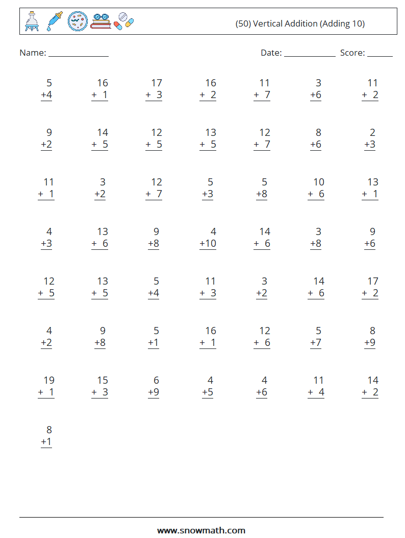 (50) Vertical  Addition (Adding 10) Math Worksheets 1