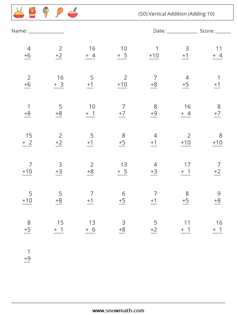 (50) Vertical  Addition (Adding 10) Math Worksheets 12
