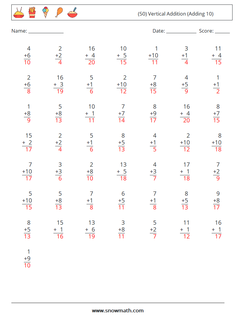 (50) Vertical  Addition (Adding 10) Math Worksheets 12 Question, Answer