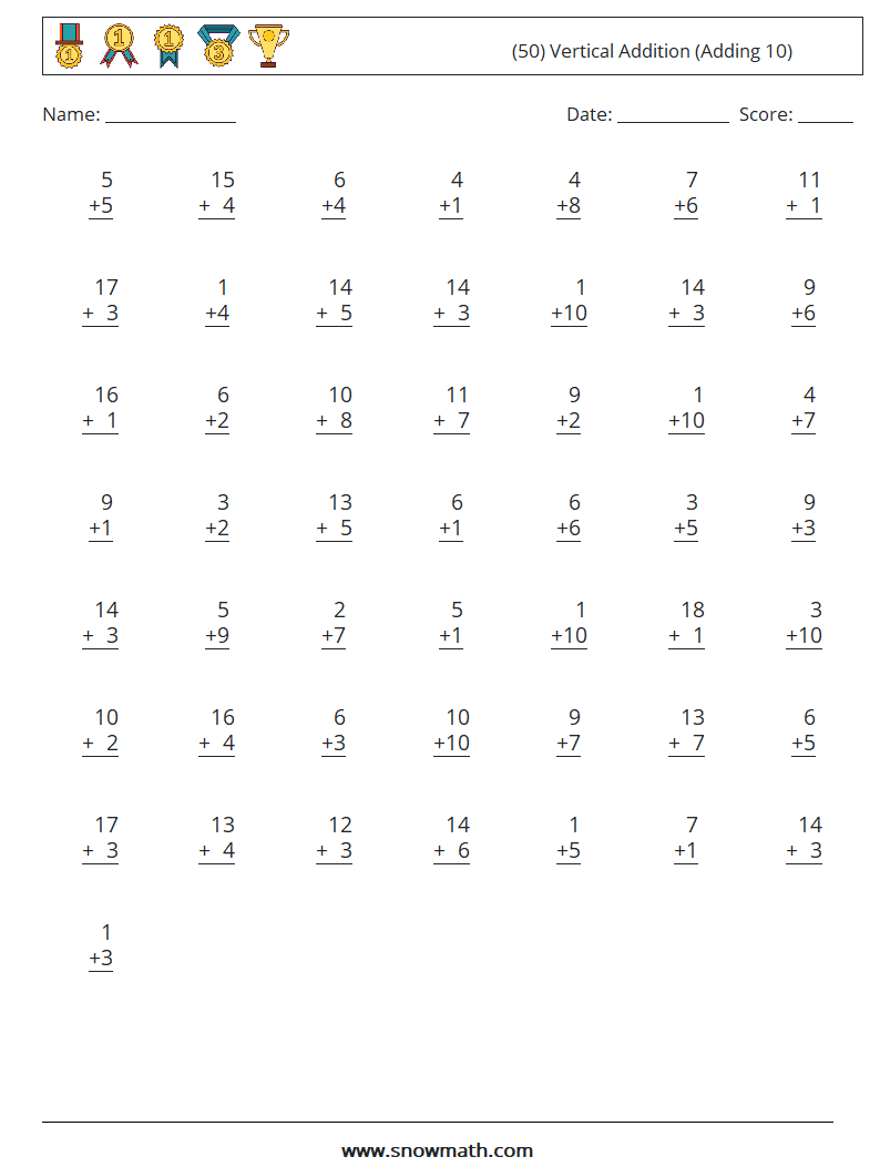 (50) Vertical  Addition (Adding 10) Math Worksheets 13