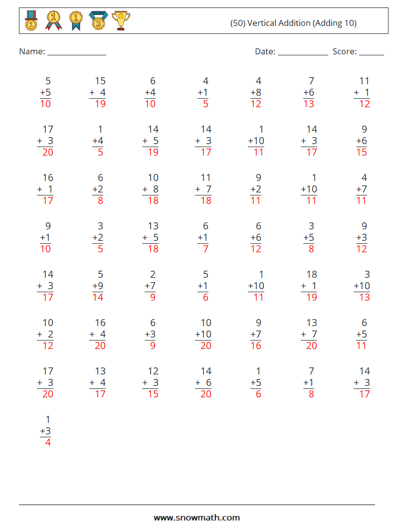 (50) Vertical  Addition (Adding 10) Math Worksheets 13 Question, Answer