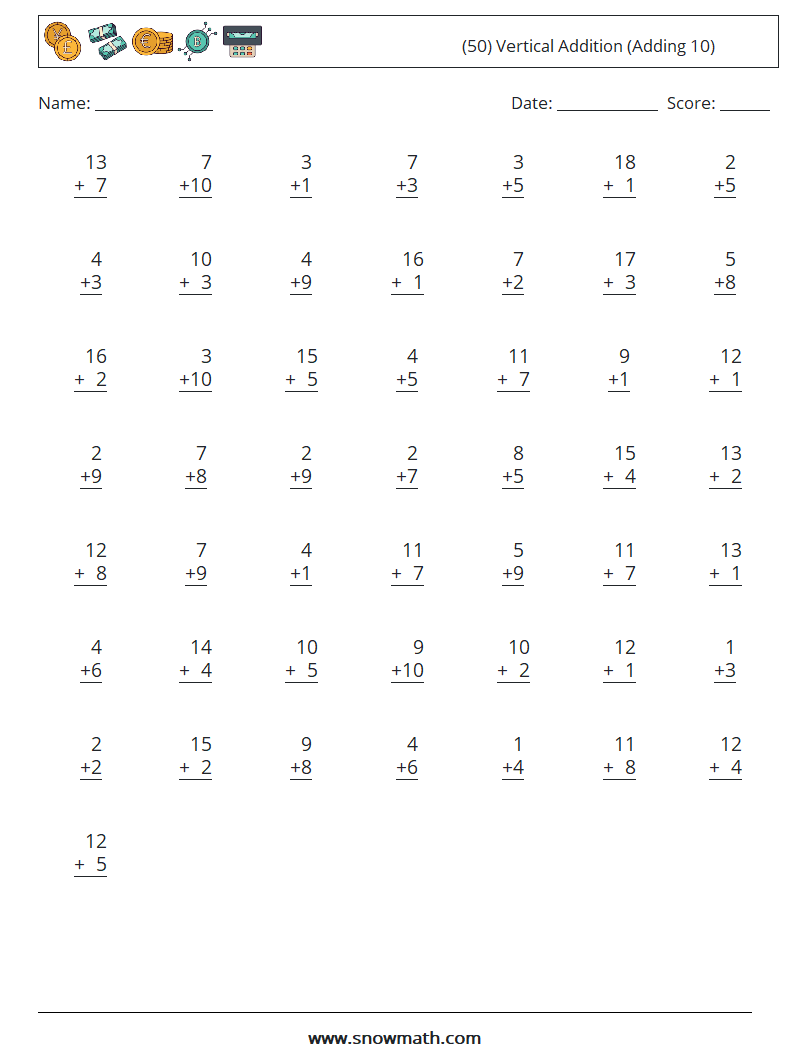 (50) Vertical  Addition (Adding 10) Math Worksheets 14