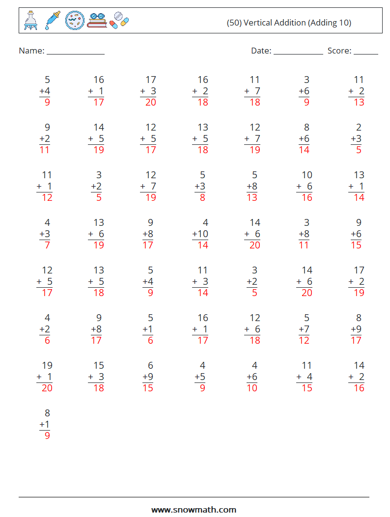 (50) Vertical  Addition (Adding 10) Math Worksheets 1 Question, Answer