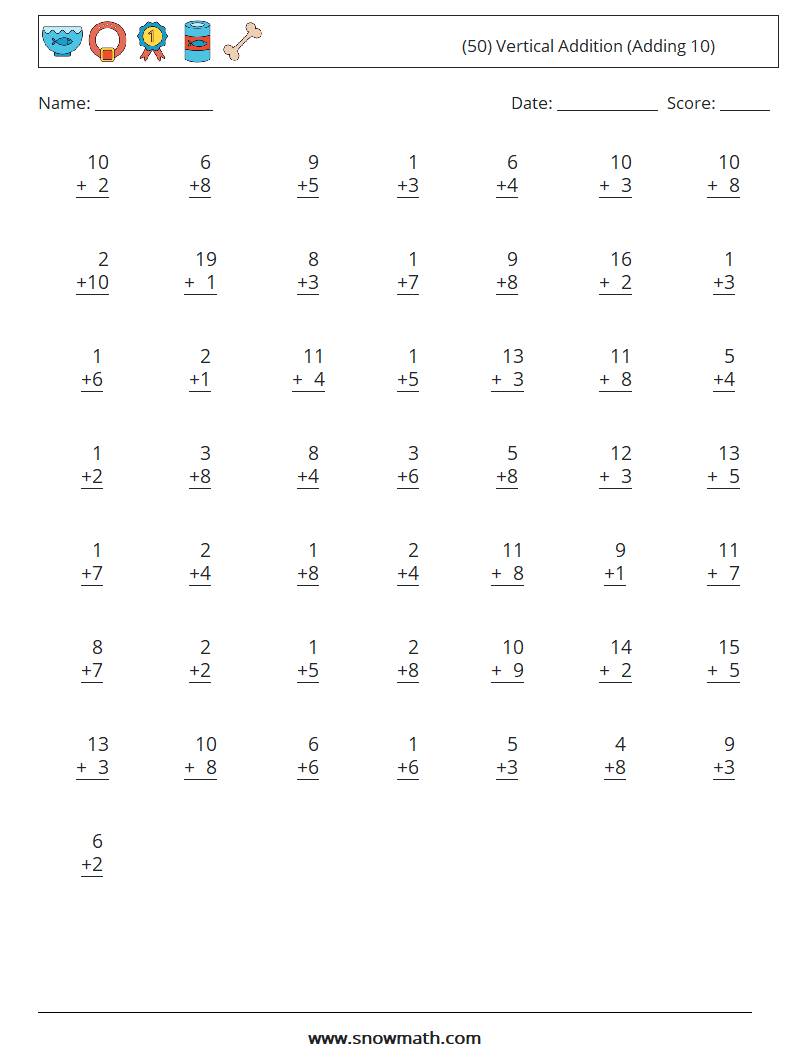 (50) Vertical  Addition (Adding 10) Math Worksheets 2