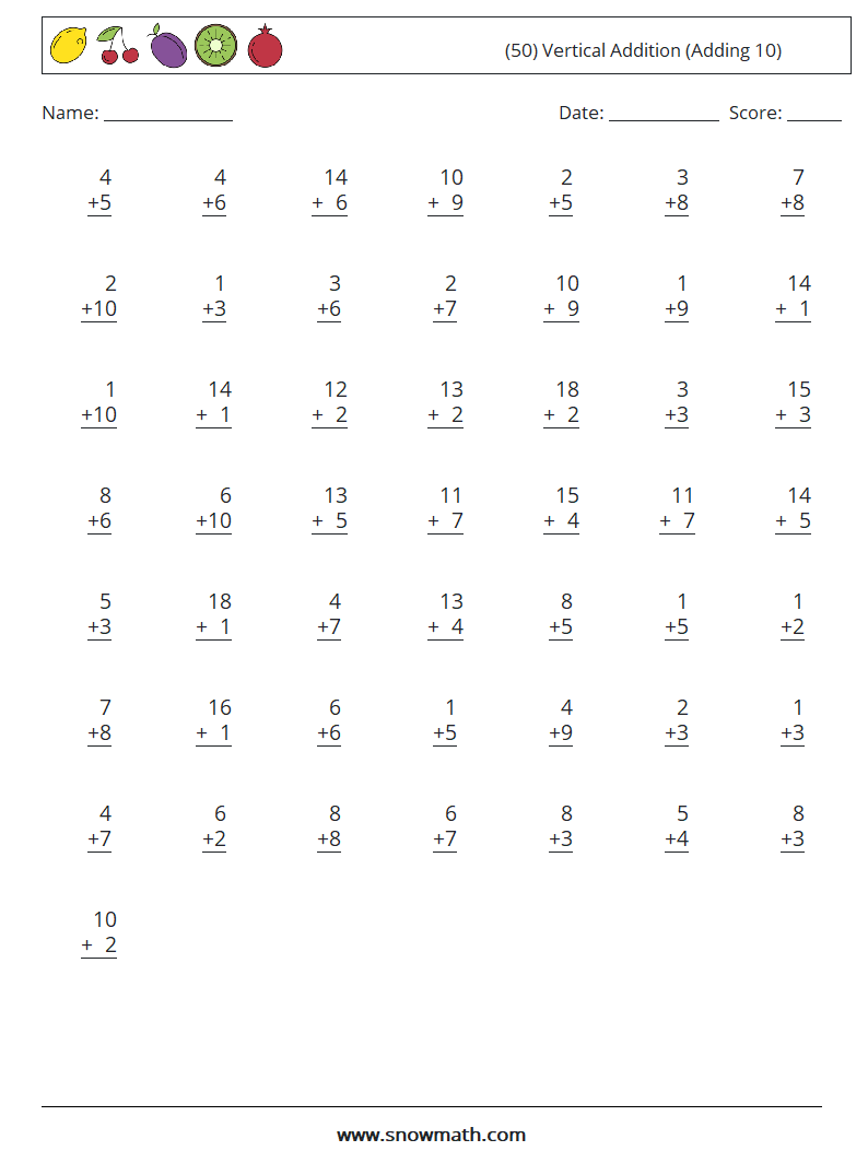 (50) Vertical  Addition (Adding 10) Math Worksheets 3