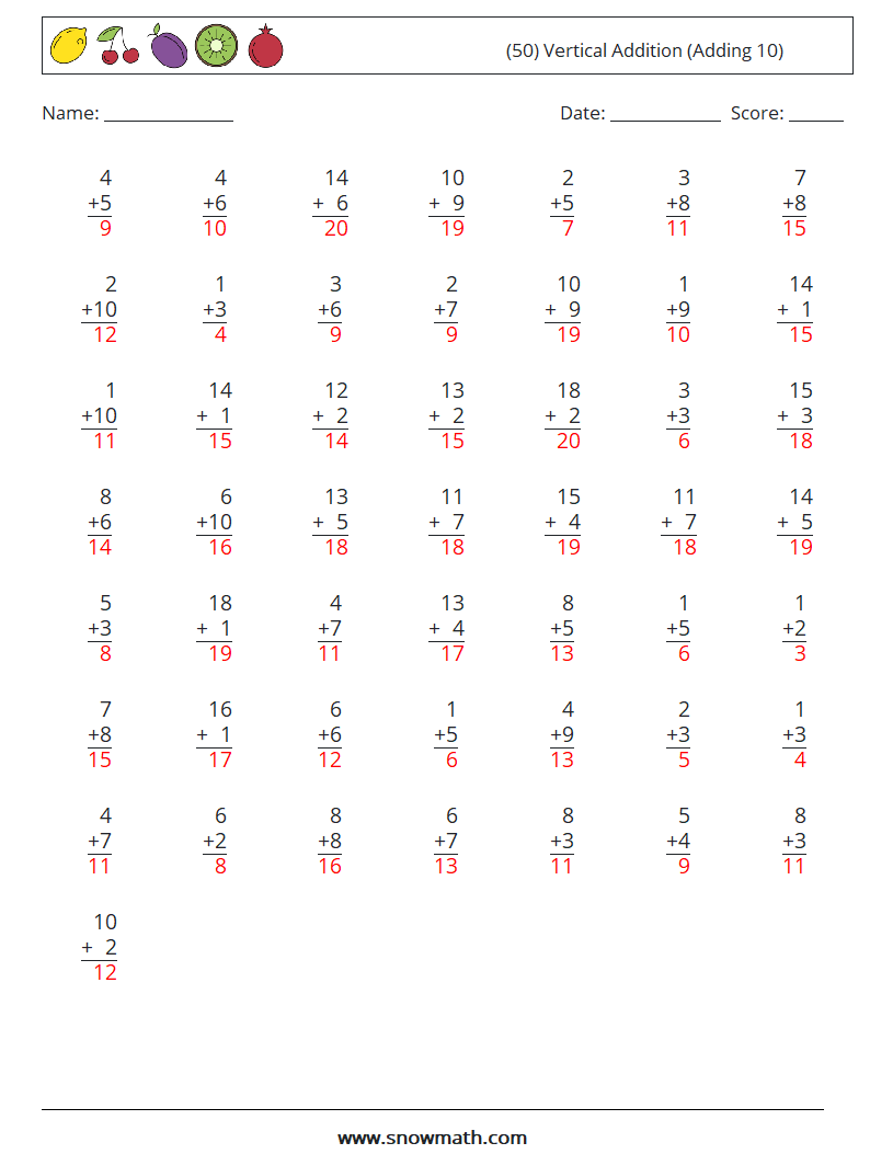 (50) Vertical  Addition (Adding 10) Math Worksheets 3 Question, Answer