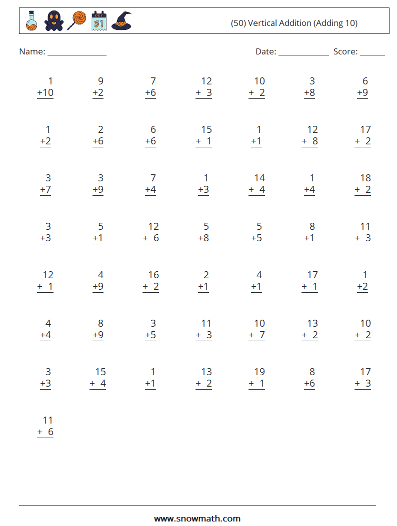 (50) Vertical  Addition (Adding 10) Math Worksheets 4