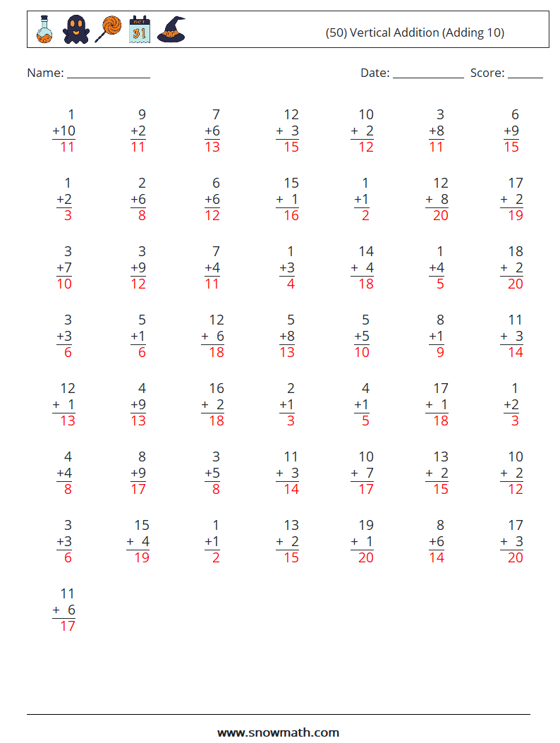 (50) Vertical  Addition (Adding 10) Math Worksheets 4 Question, Answer