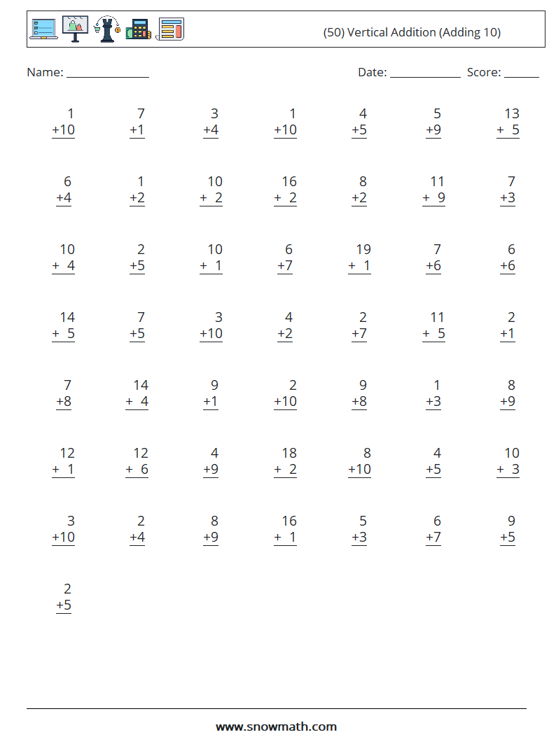 (50) Vertical  Addition (Adding 10) Math Worksheets 5