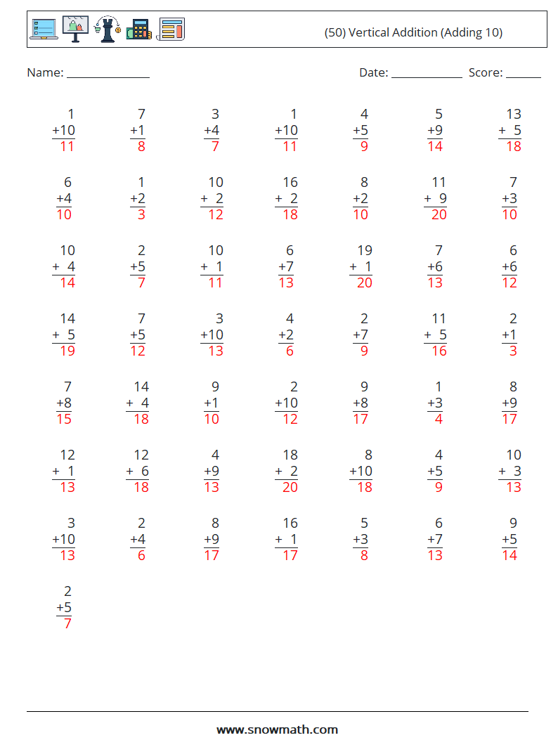 (50) Vertical  Addition (Adding 10) Math Worksheets 5 Question, Answer