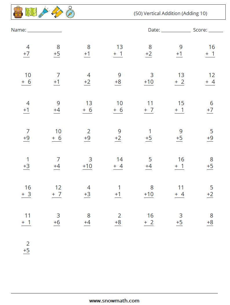 (50) Vertical  Addition (Adding 10) Math Worksheets 6