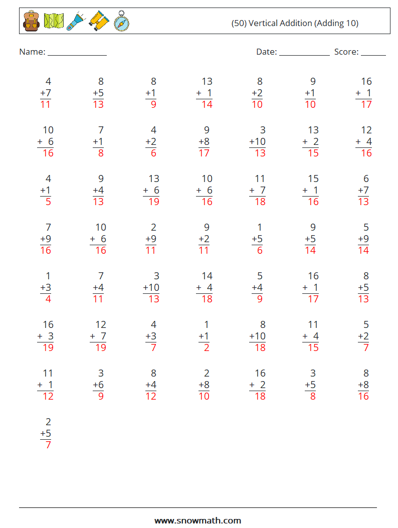 (50) Vertical  Addition (Adding 10) Math Worksheets 6 Question, Answer