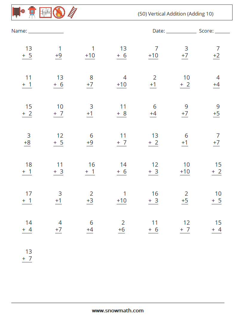 (50) Vertical  Addition (Adding 10) Math Worksheets 7