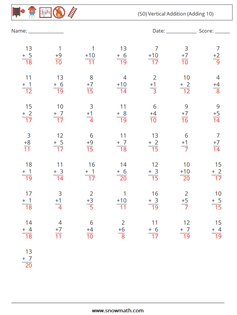 (50) Vertical  Addition (Adding 10) Math Worksheets 7 Question, Answer