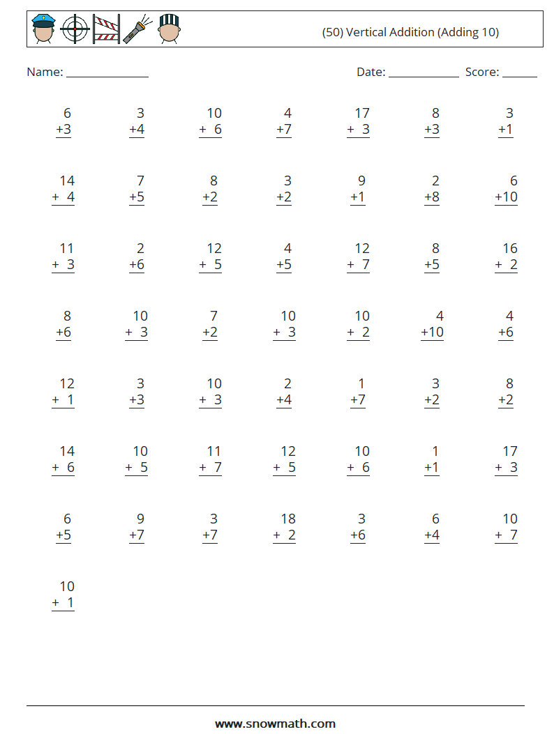 (50) Vertical  Addition (Adding 10) Math Worksheets 8