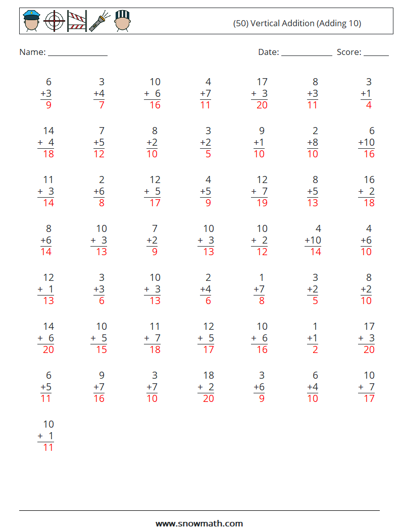 (50) Vertical  Addition (Adding 10) Math Worksheets 8 Question, Answer