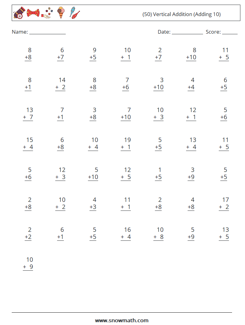(50) Vertical  Addition (Adding 10) Math Worksheets 9
