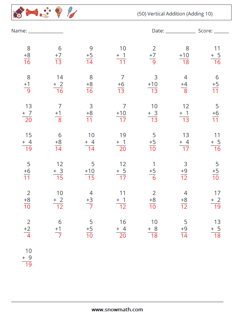 (50) Vertical  Addition (Adding 10) Math Worksheets 9 Question, Answer