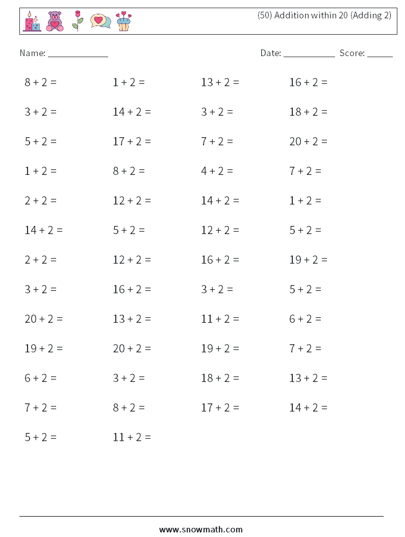 (50) Addition within 20 (Adding 2) Math Worksheets 1