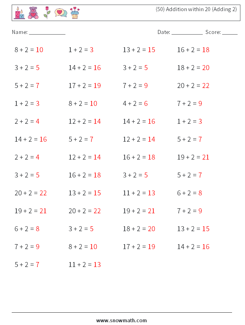 (50) Addition within 20 (Adding 2) Math Worksheets 1 Question, Answer